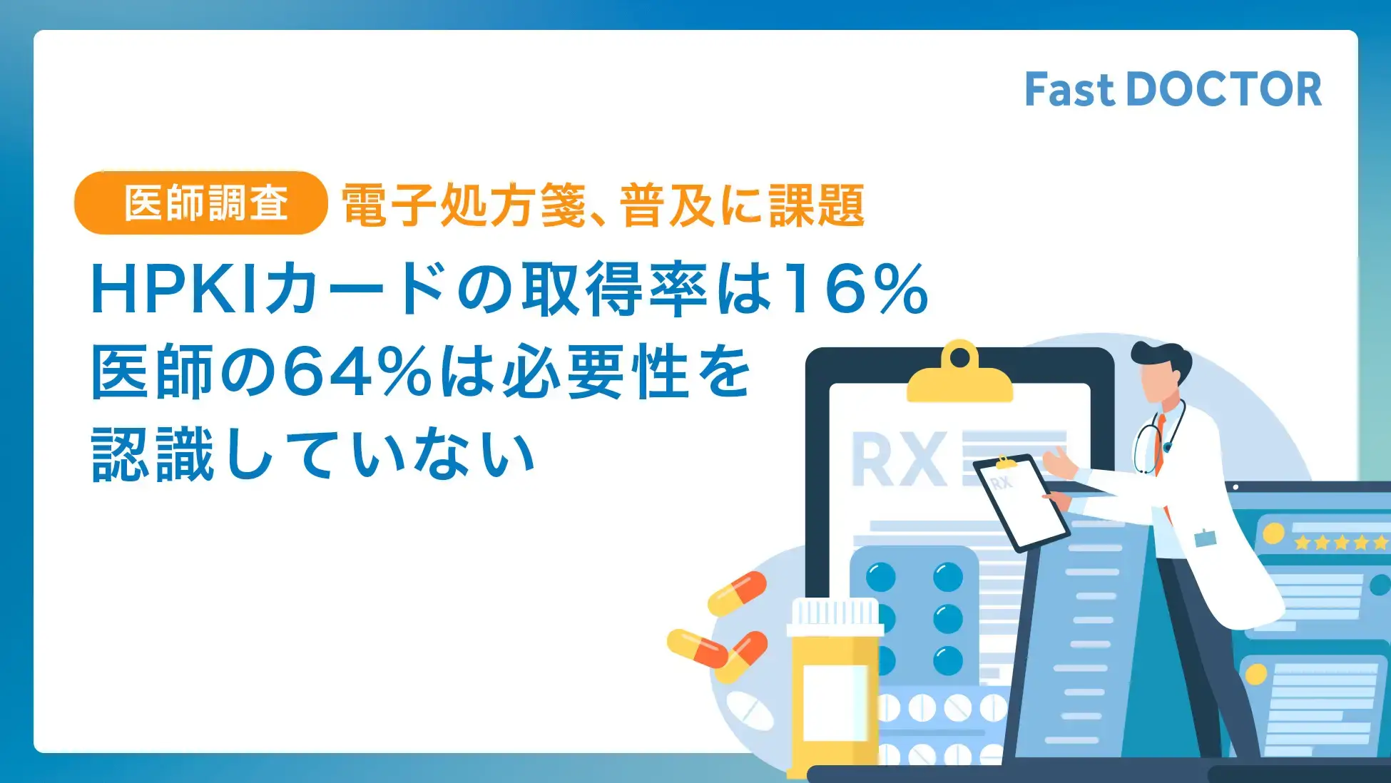 ［ファストドクター医師調査］電子処方箋を取り扱うためのHPKIカードの取得率は16％、全体の64%は必要性を認識しておらず、普及に課題